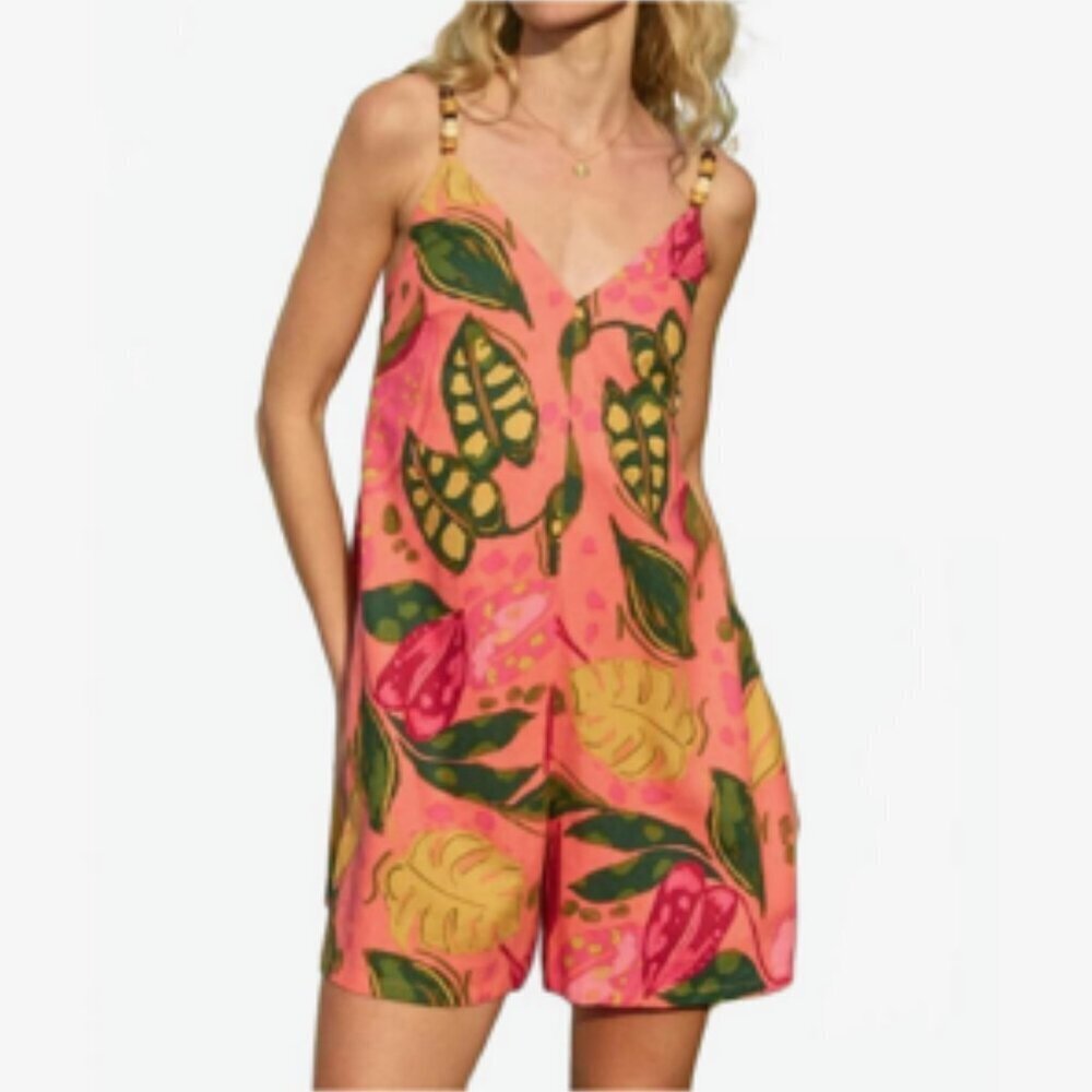 DRESS FORUM Open Back Bow Linen Tropical Print Relaxed Romper NWT NEW Large